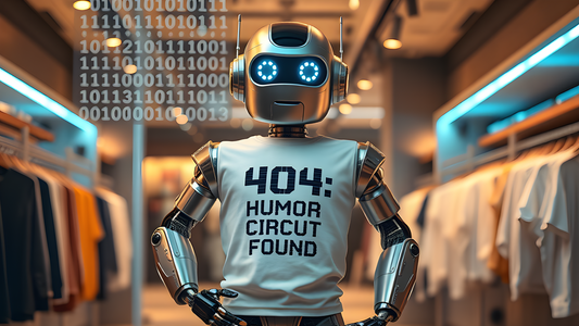 WitWear Haven's AI humor business pivot illustrated by robot wearing funny AI inspired t-shirt