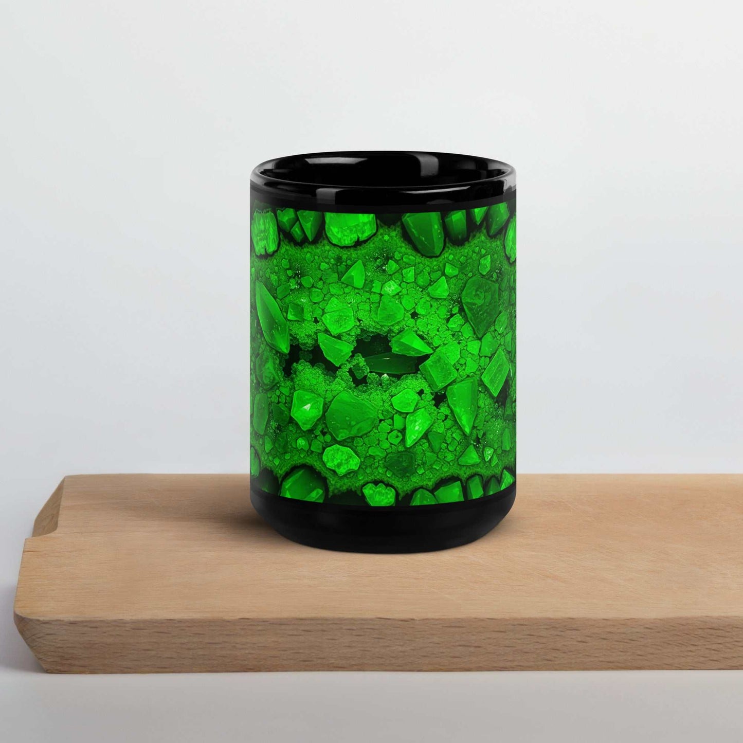 Black Glossy Mug with Mineral Crystal Emerald Design, 15 oz Capacity, Trendy Ceramic Drinkware.