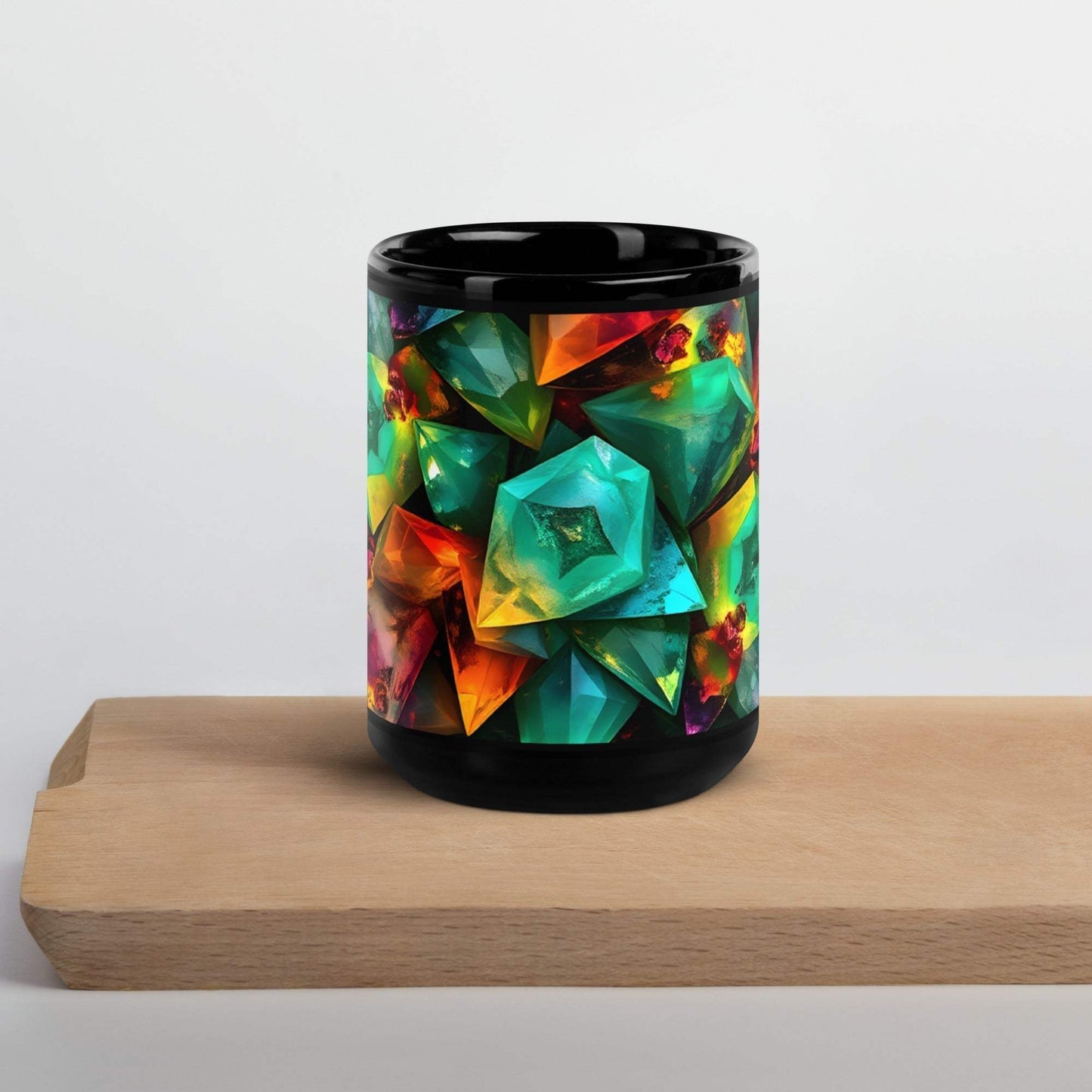 Ceramic black glossy mug with vibrant mineral crystal gemstones design, 15 oz capacity.