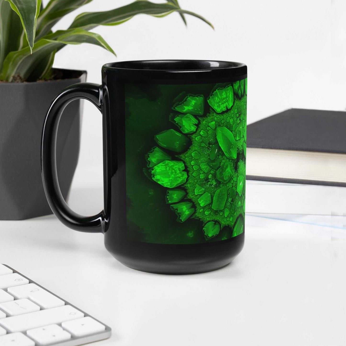 Black glossy 15 oz mug with mineral crystal emerald design.