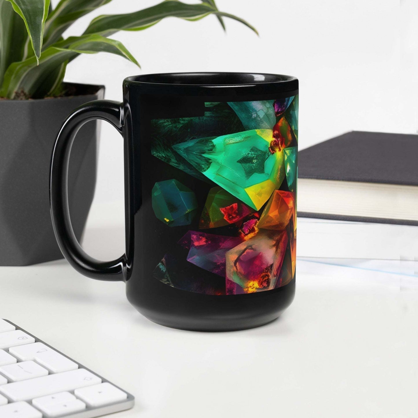 Ceramic black glossy mug with mineral crystal gemstones design, 15 oz, vibrant colors.