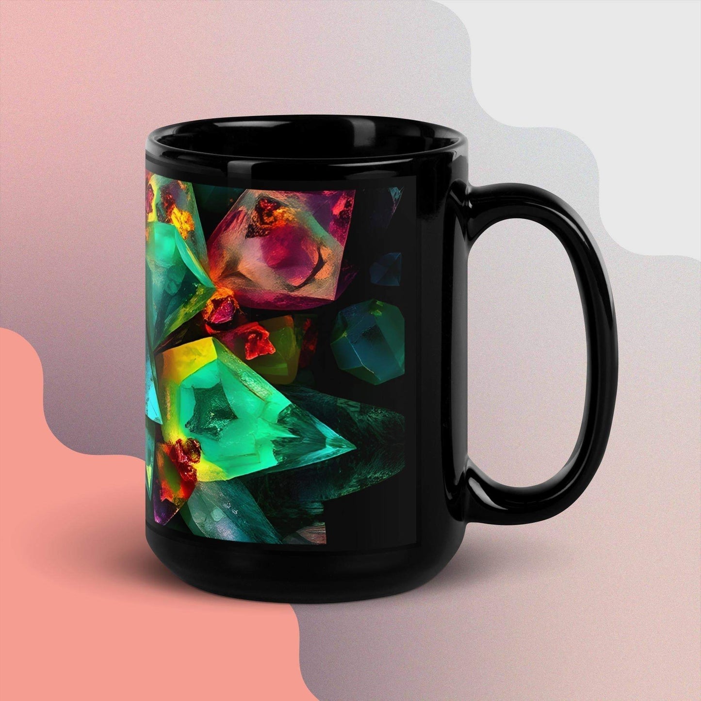 Ceramic black glossy mug 15 oz with mineral crystal gemstones design.