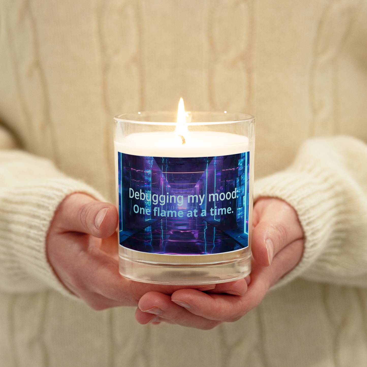 A sleek glass jar filled with soft, glowing light, representing an AI-themed candle for debugging your mood.