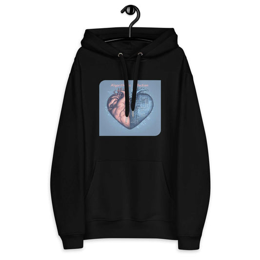 AI Romance Hoodie featuring split heart design with circuit and organic elements, symbolizing human-tech connection