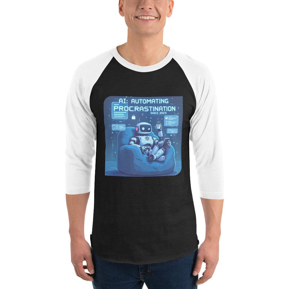 AI Procrastination Raglan with cartoon robot lounging, surrounded by unfinished digital tasks and humorous tech design