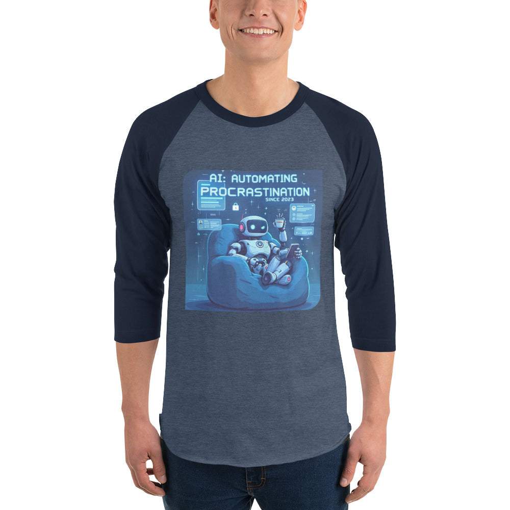 AI Procrastination Raglan with cartoon robot lounging, surrounded by unfinished digital tasks and humorous tech design