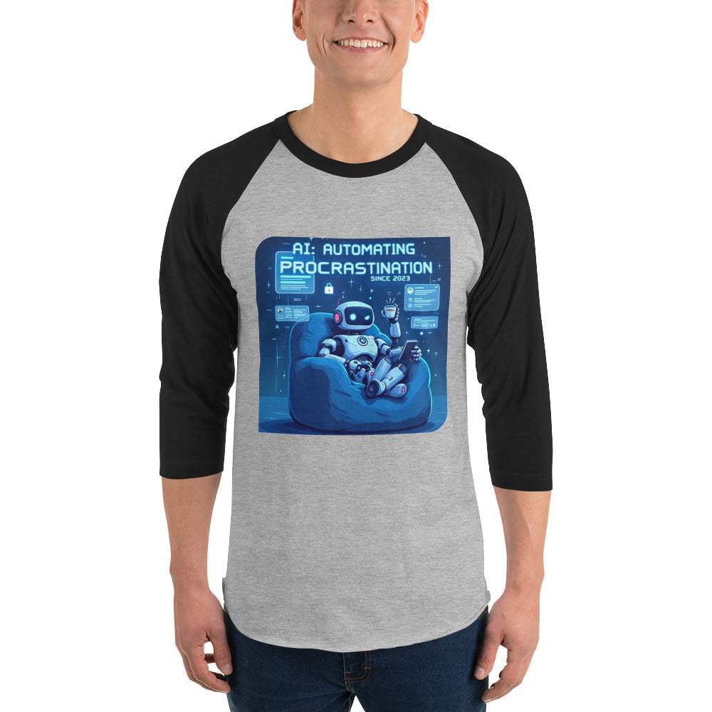 AI Procrastination Raglan with cartoon robot lounging, surrounded by unfinished digital tasks and humorous tech design