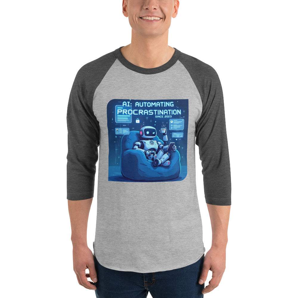 AI Procrastination Raglan with cartoon robot lounging, surrounded by unfinished digital tasks and humorous tech design