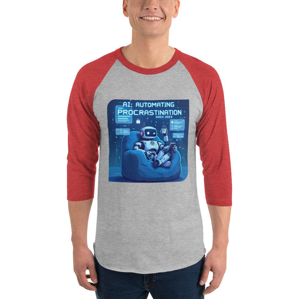 AI Procrastination Raglan with cartoon robot lounging, surrounded by unfinished digital tasks and humorous tech design