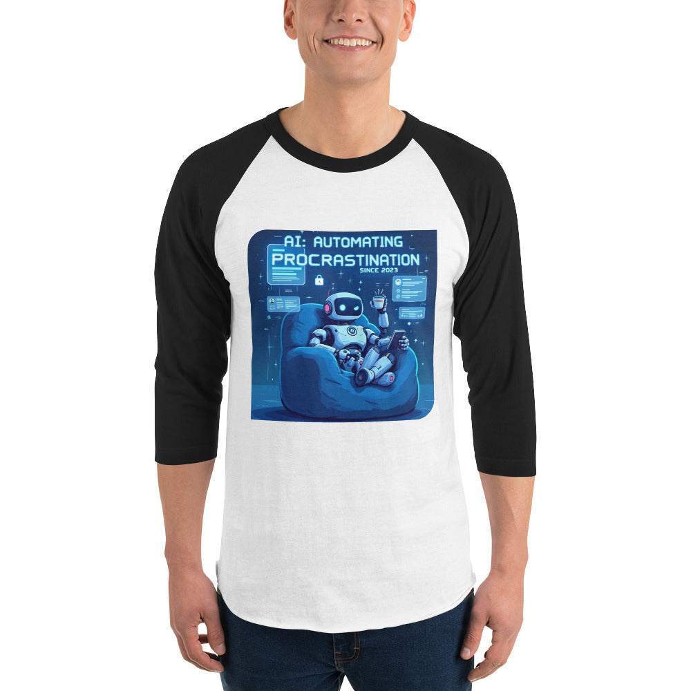 AI Procrastination Raglan with cartoon robot lounging, surrounded by unfinished digital tasks and humorous tech design