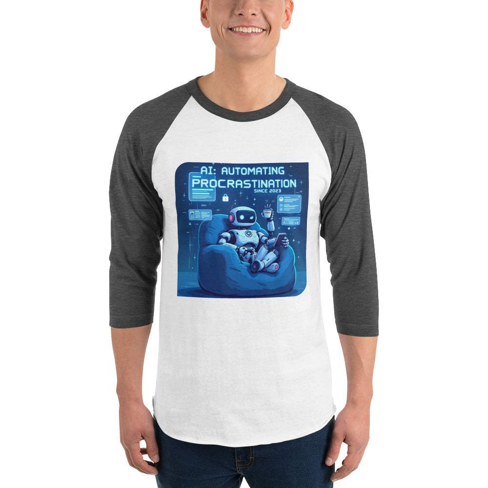 AI Procrastination Raglan with cartoon robot lounging, surrounded by unfinished digital tasks and humorous tech design