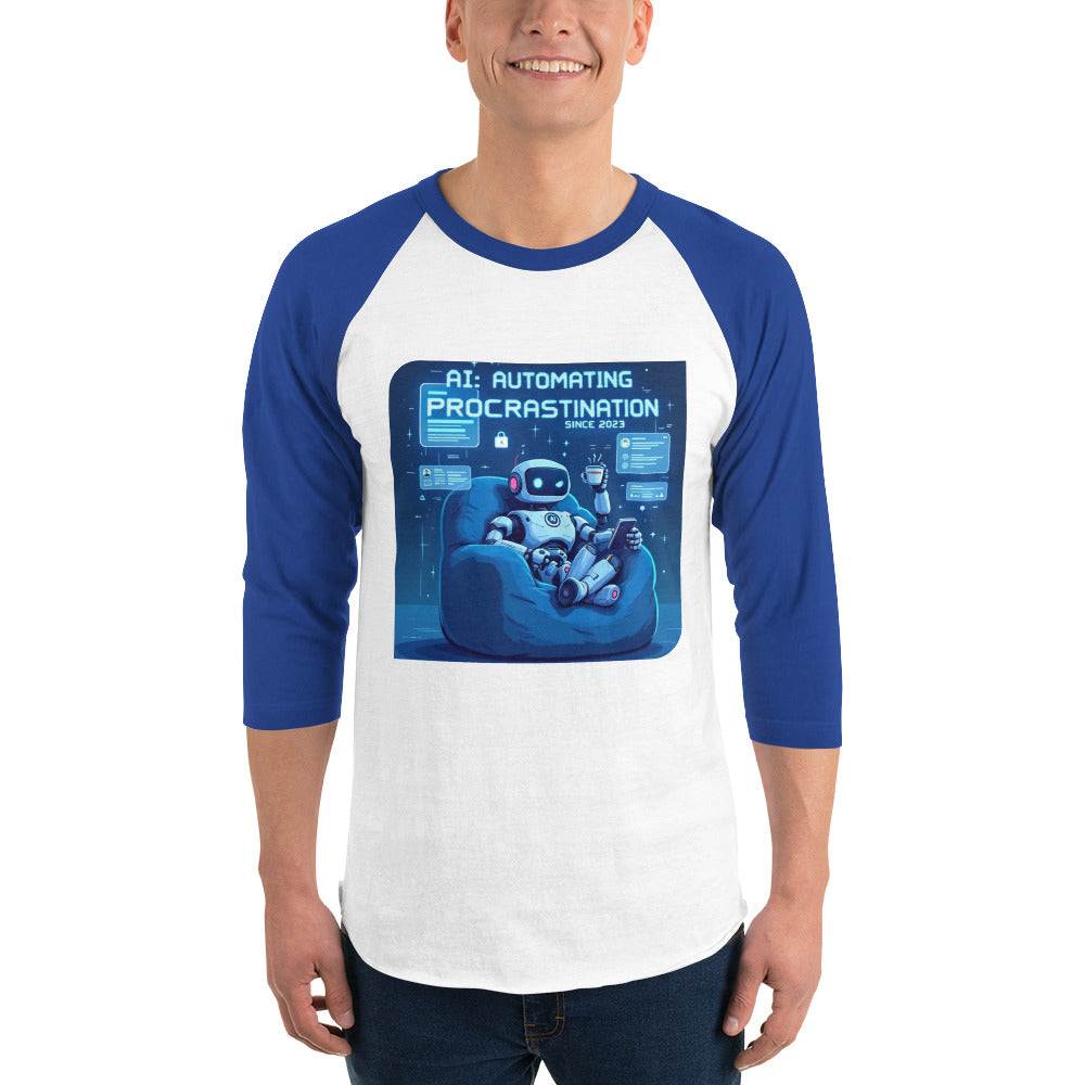 AI Procrastination Raglan with cartoon robot lounging, surrounded by unfinished digital tasks and humorous tech design