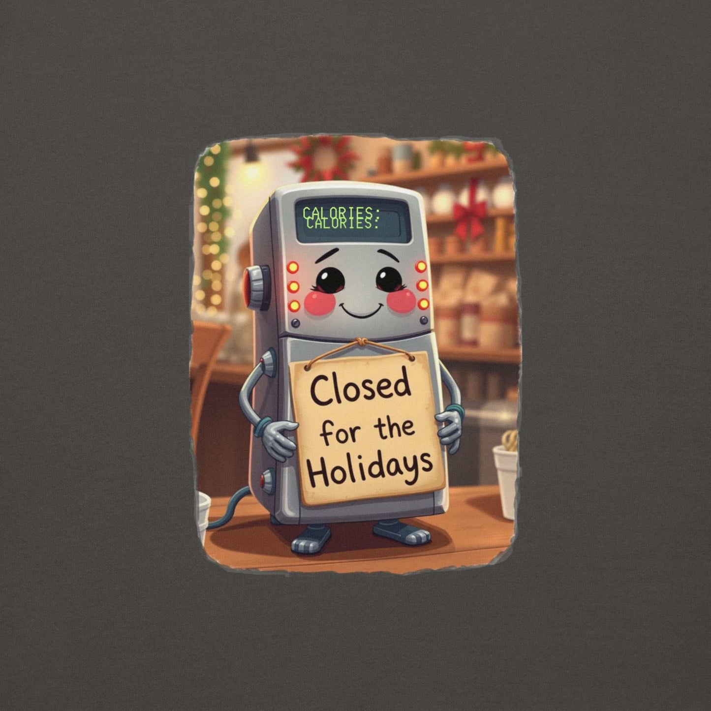 Unisex premium holiday sweatshirt with a cute calorie counter robot holding "Closed for the Holidays" sign.