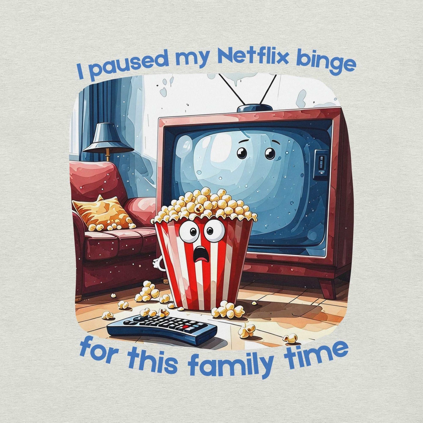 Netflix Binge T-Shirt featuring cartoon TV character and popcorn bucket couch