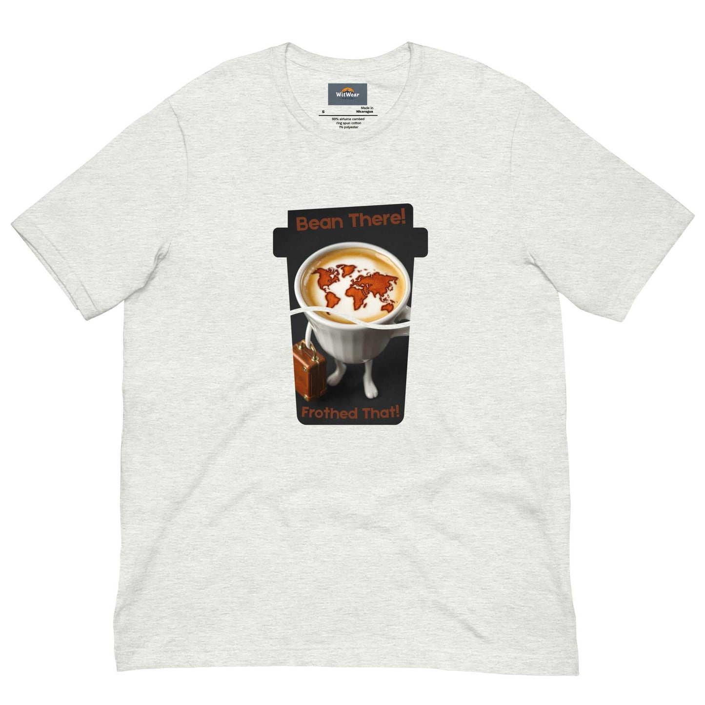 Cappuccino Traveler T-Shirt featuring 'Bean There, Frothed That' design with a cappuccino cup and world map foam art.