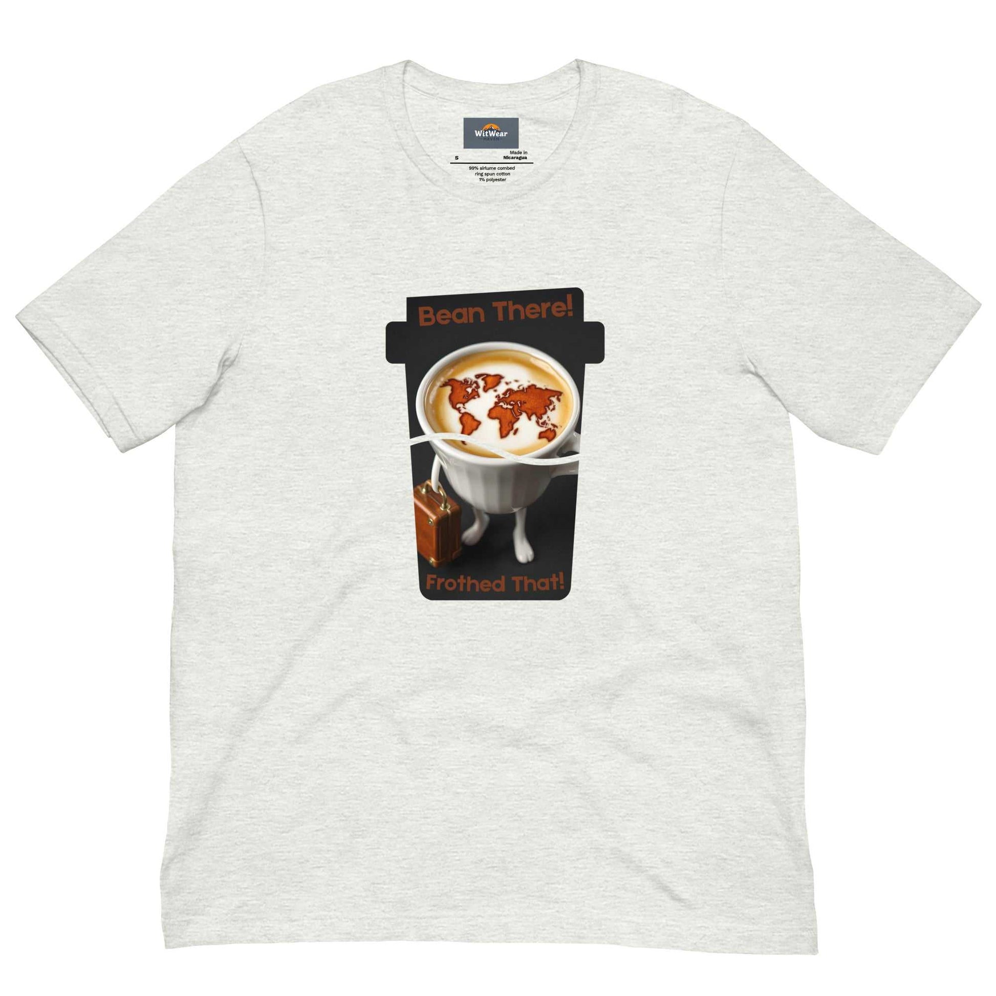 Cappuccino Traveler T-Shirt featuring 'Bean There, Frothed That' design with a cappuccino cup and world map foam art.