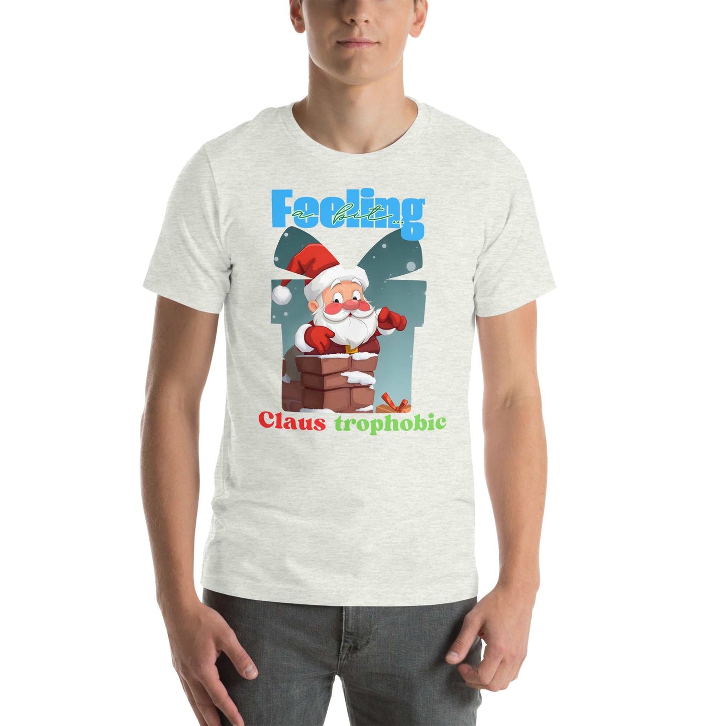 Santa Claus humorously stuck in a chimney on the Claus-trophobic TShirt