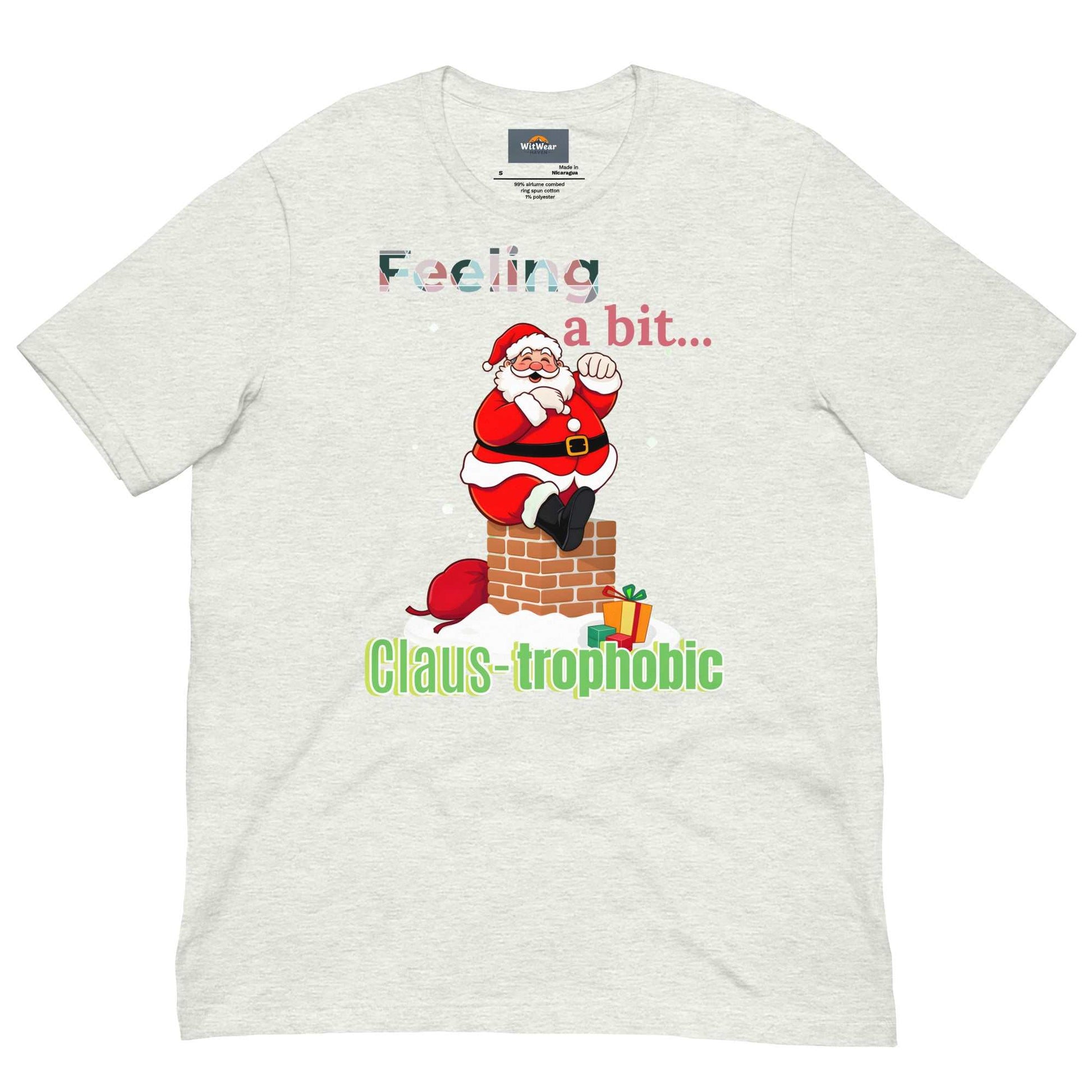 Funny Santa Shirt design featuring 'Clause-trophobic' Santa squeezing into a chimney