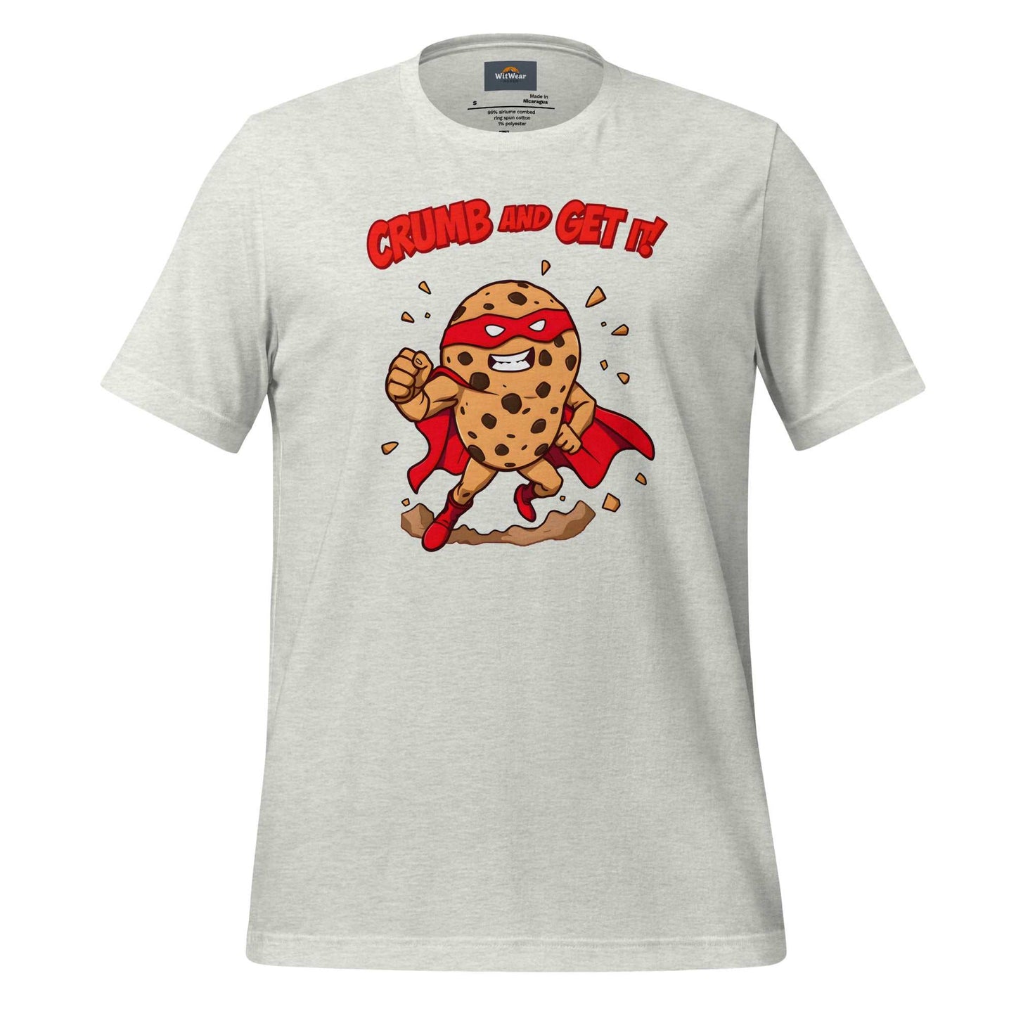 Superhero Cookie T-Shirt featuring a muscular cookie character with cape and heroic pose