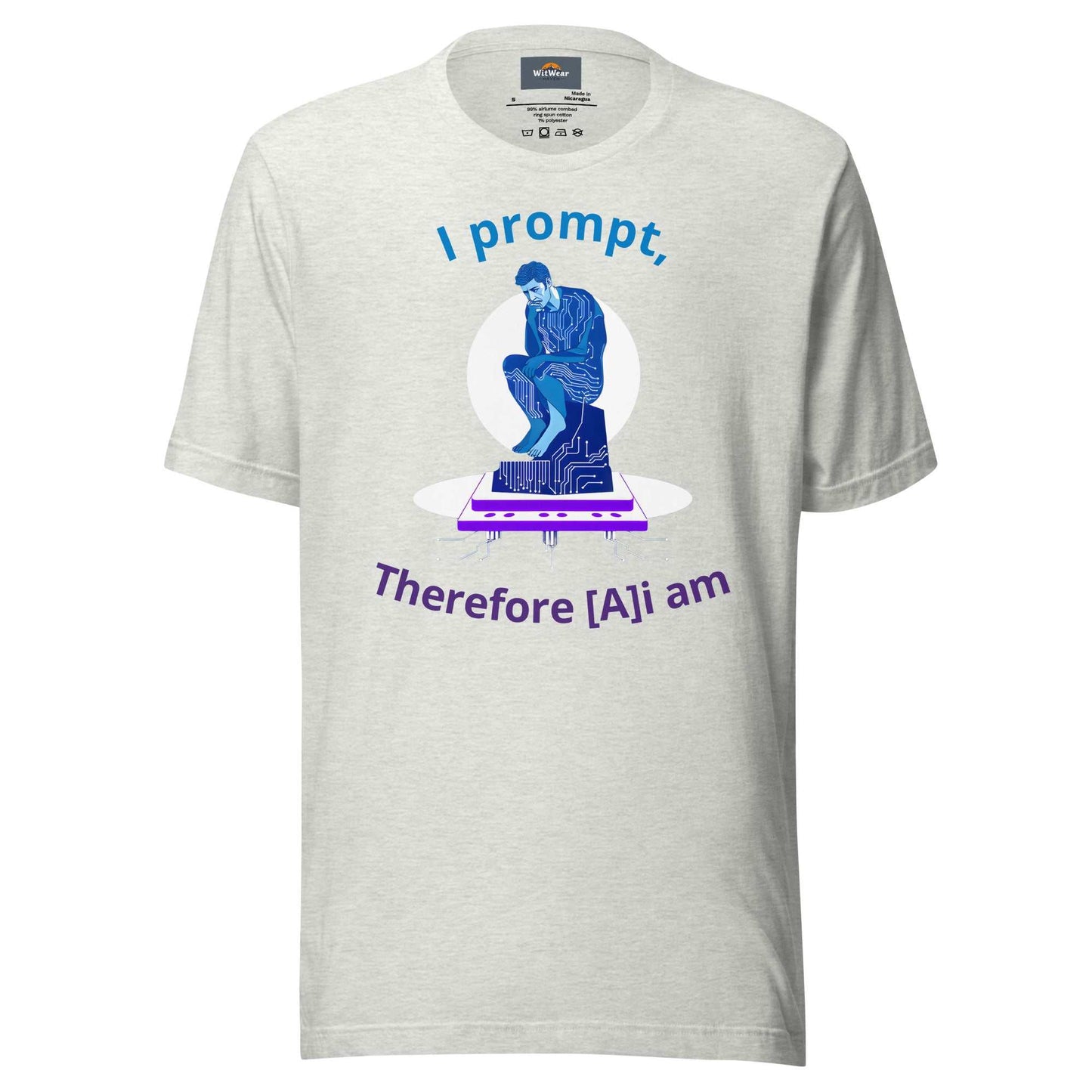 AI Philosopher T-Shirt featuring Rodin's Thinker reimagined with circuit board design