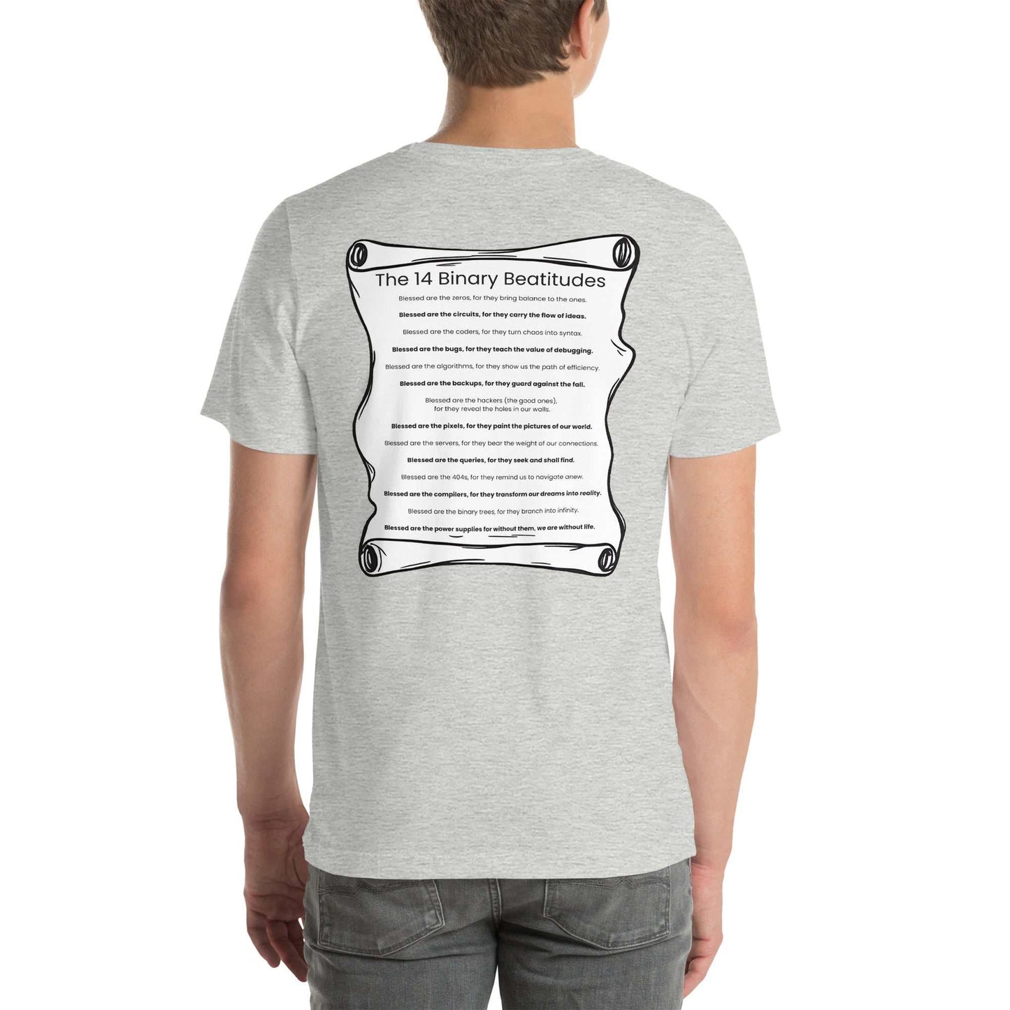 Binary Beatitudes AI T-Shirt featuring a scroll with 14 technological commandments