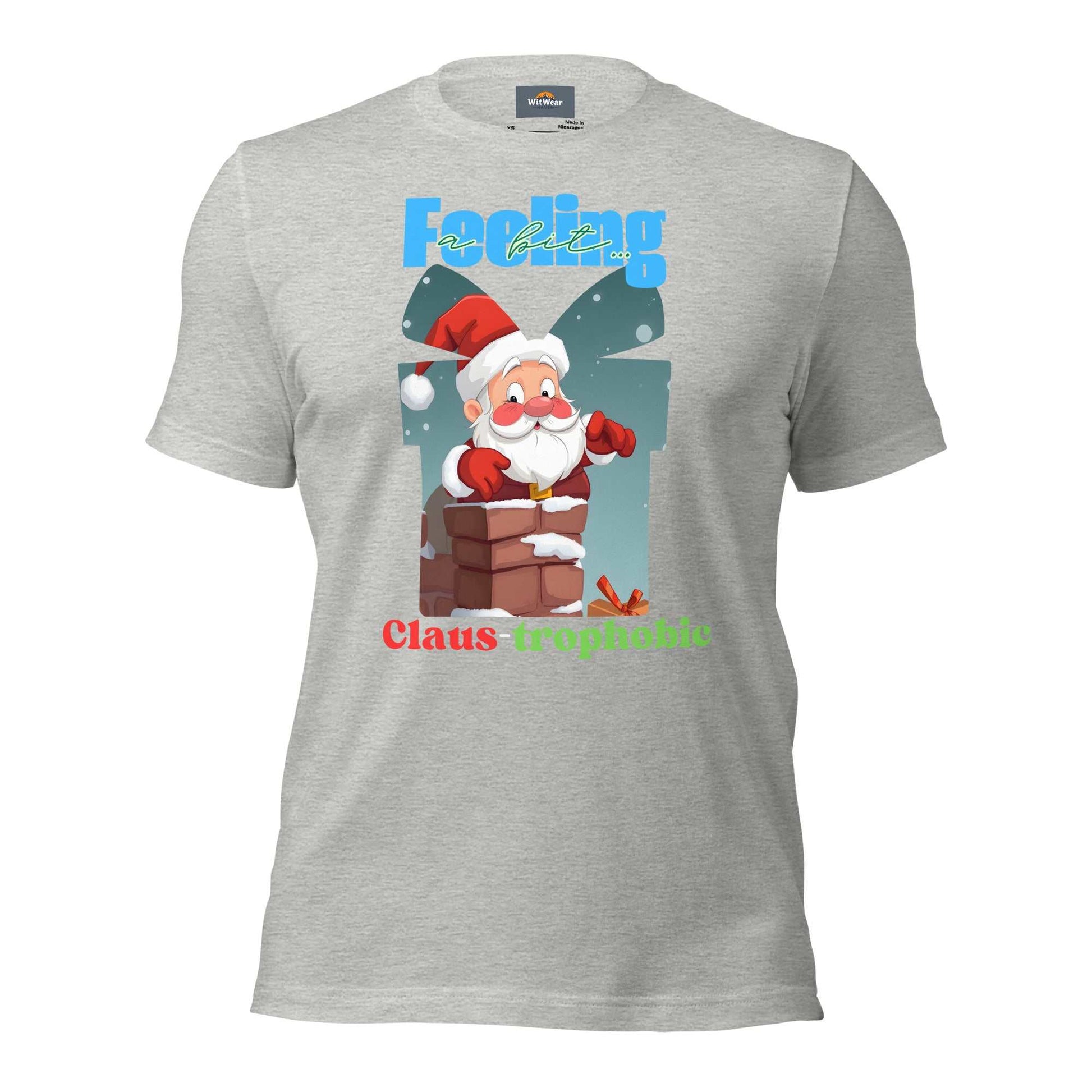 Santa Claus humorously stuck in a chimney on the Claus-trophobic TShirt