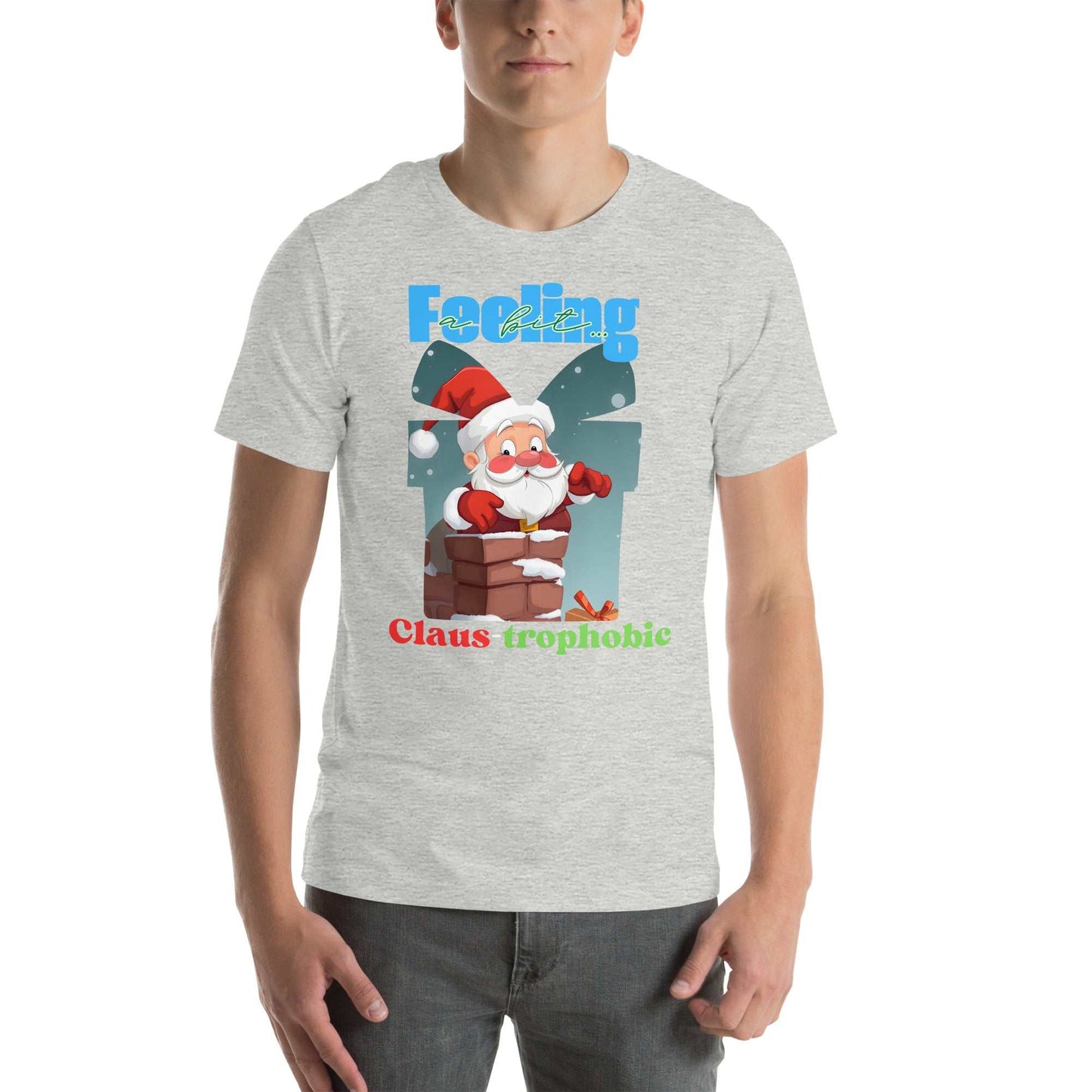 Santa Claus humorously stuck in a chimney on the Claus-trophobic TShirt