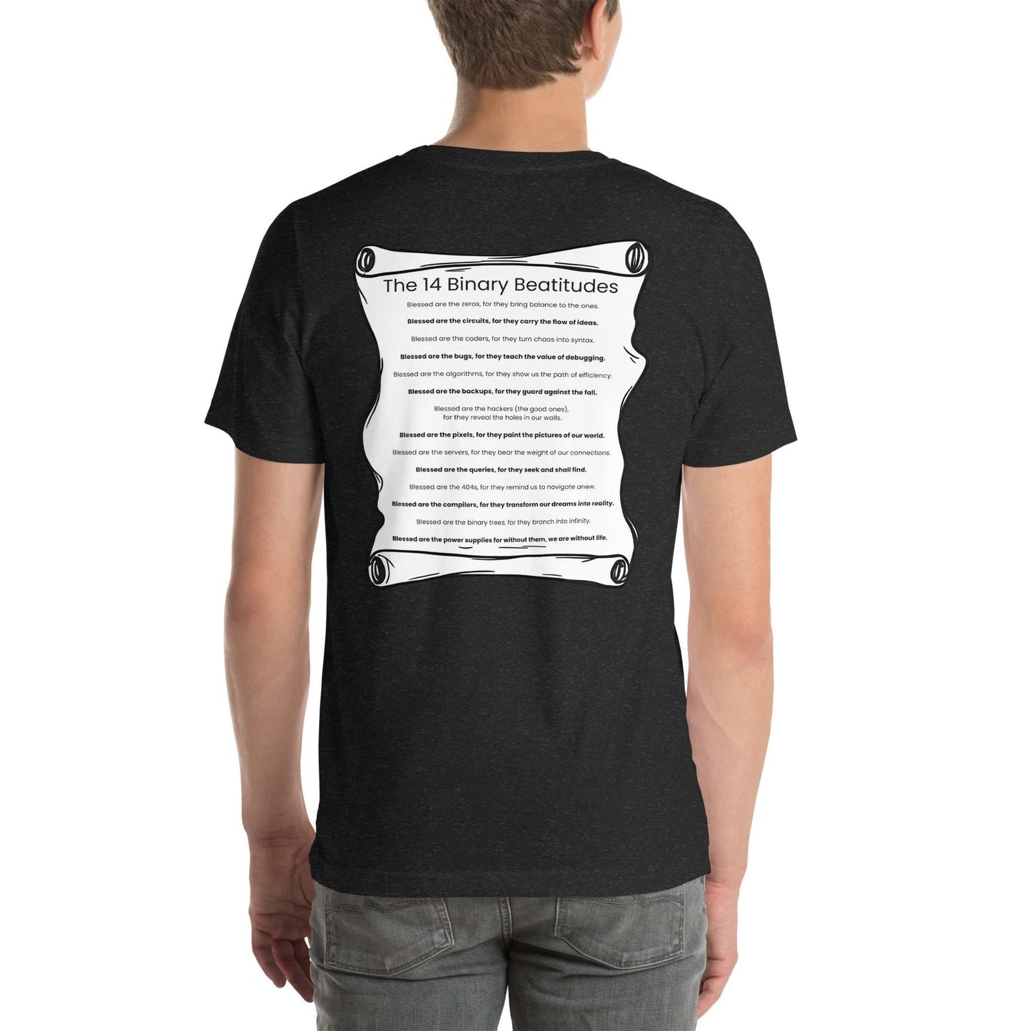 Binary Beatitudes AI T-Shirt featuring a scroll with 14 technological commandments