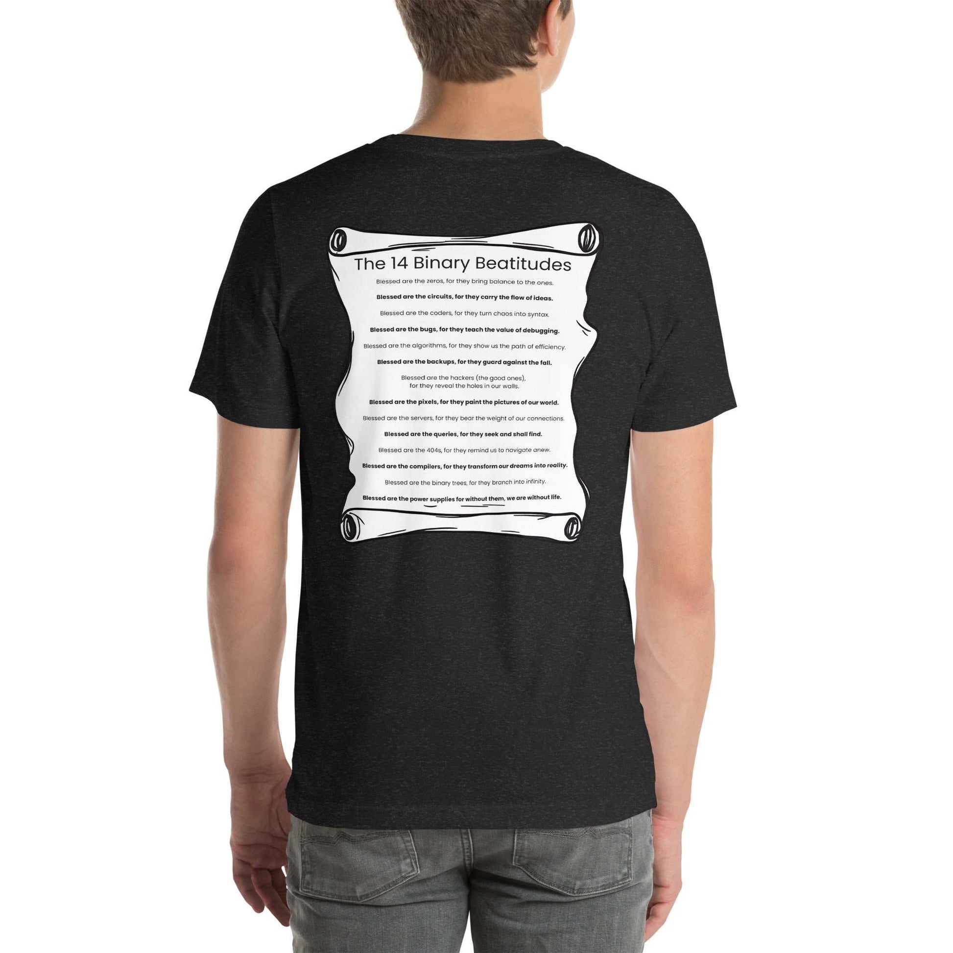 Binary Beatitudes AI T-Shirt featuring a scroll with 14 technological commandments