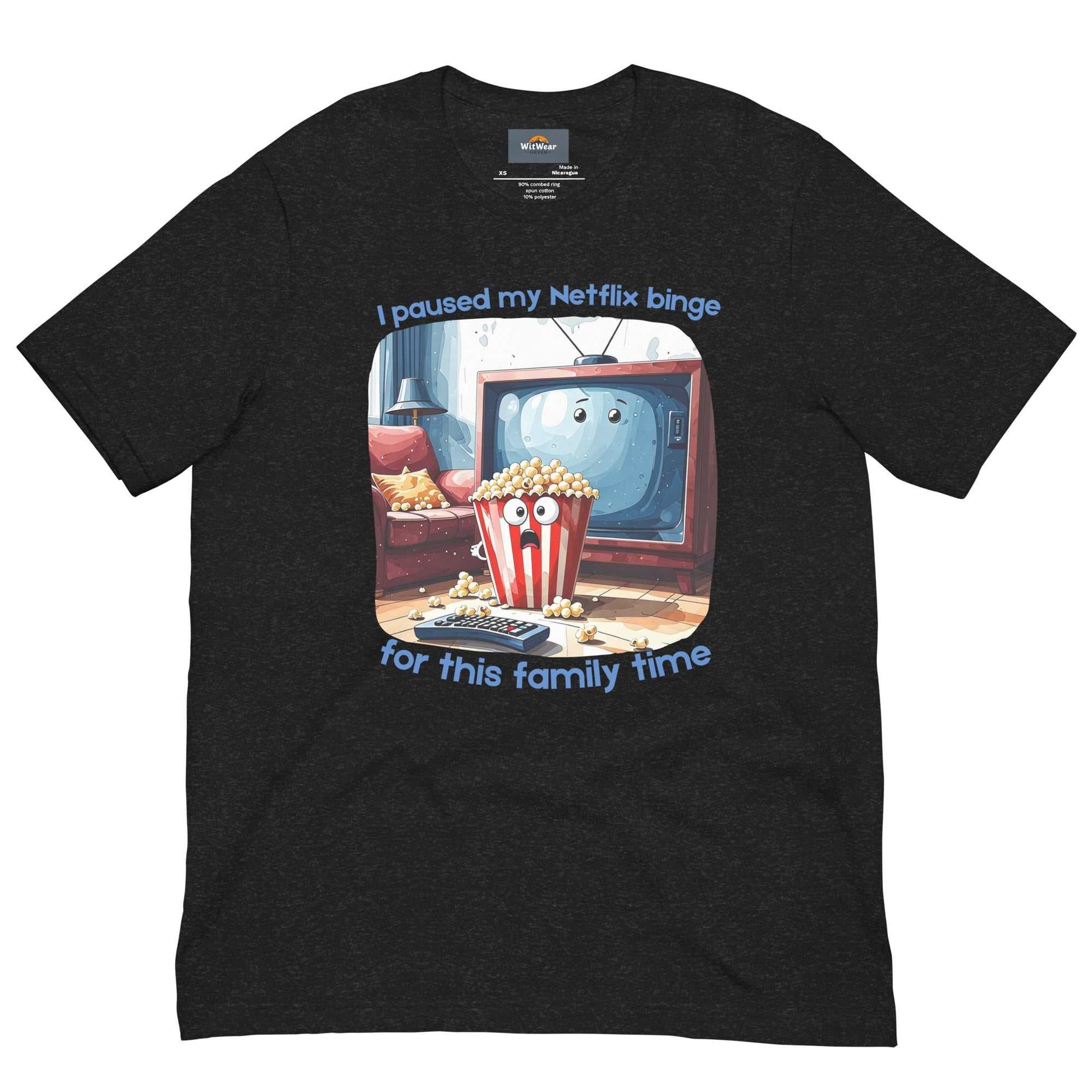 Netflix Binge T-Shirt featuring cartoon TV character and popcorn bucket couch