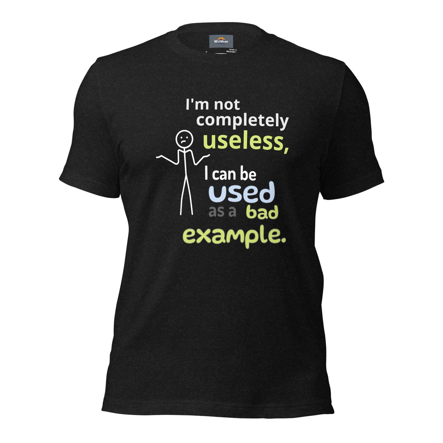 Bad Example Tee featuring a minimalist shrugging stick figure and a funny caption.