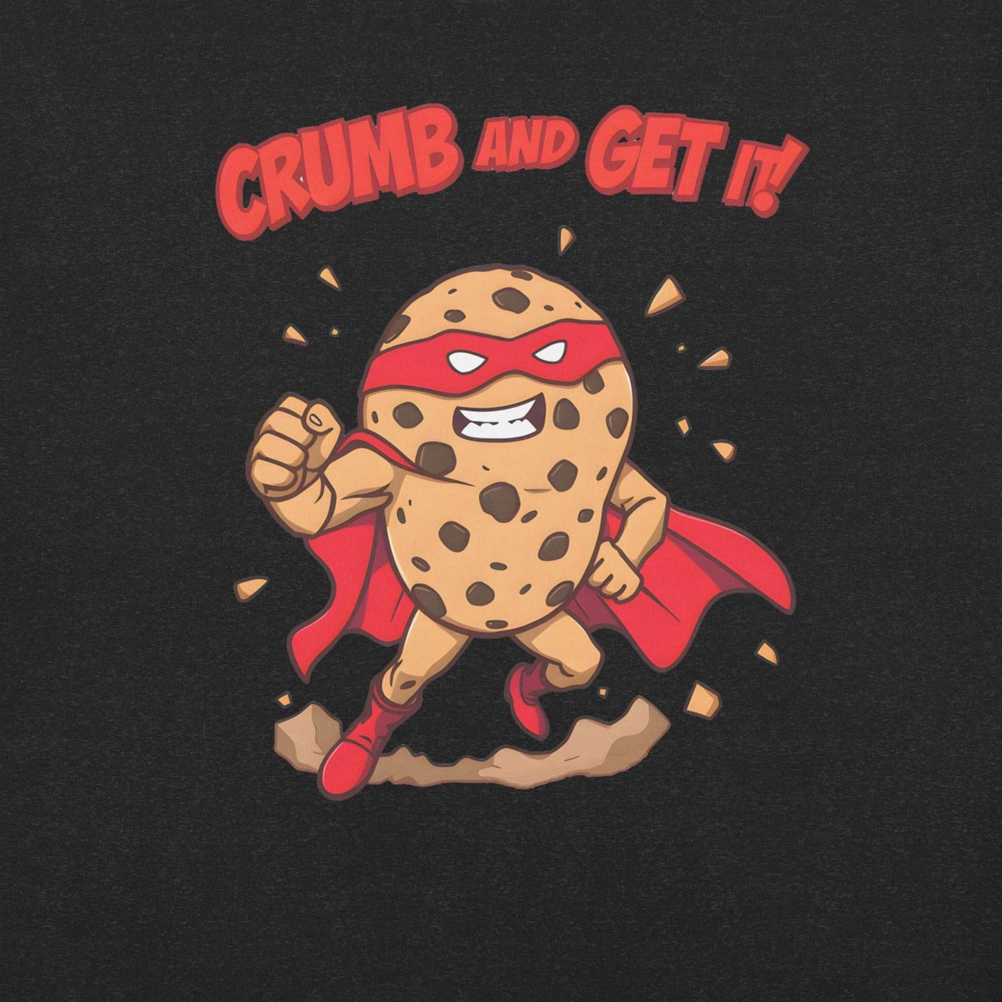 Superhero Cookie T-Shirt featuring a muscular cookie character with cape and heroic pose