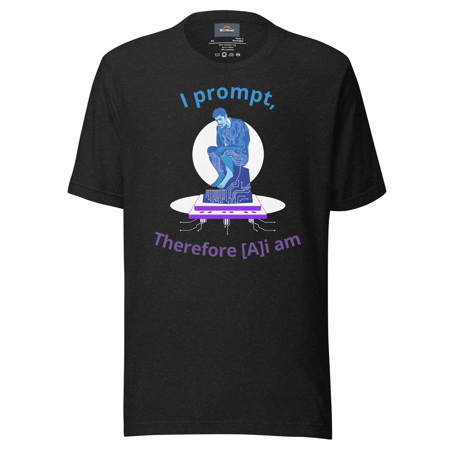 AI Philosopher T-Shirt featuring Rodin's Thinker reimagined with circuit board design