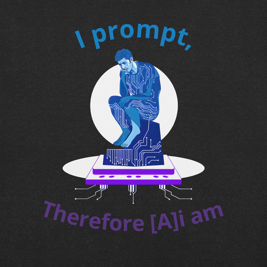 AI Philosopher T-Shirt featuring Rodin's Thinker reimagined with circuit board design