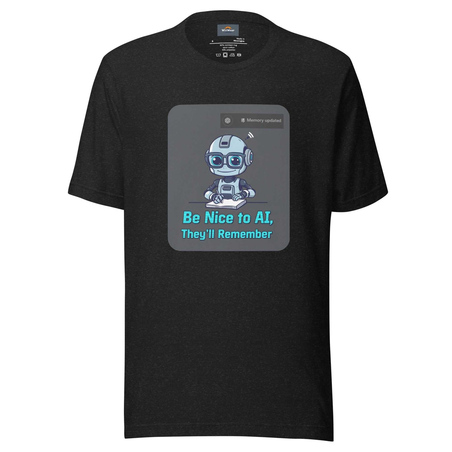 Be Nice to AI Shirt featuring a cute robot taking notes with pixelated blue text