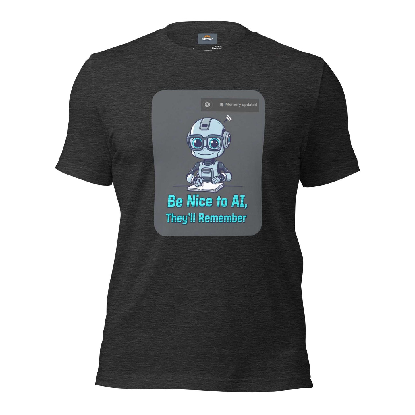 Be Nice to AI Shirt featuring a cute robot taking notes with pixelated blue text