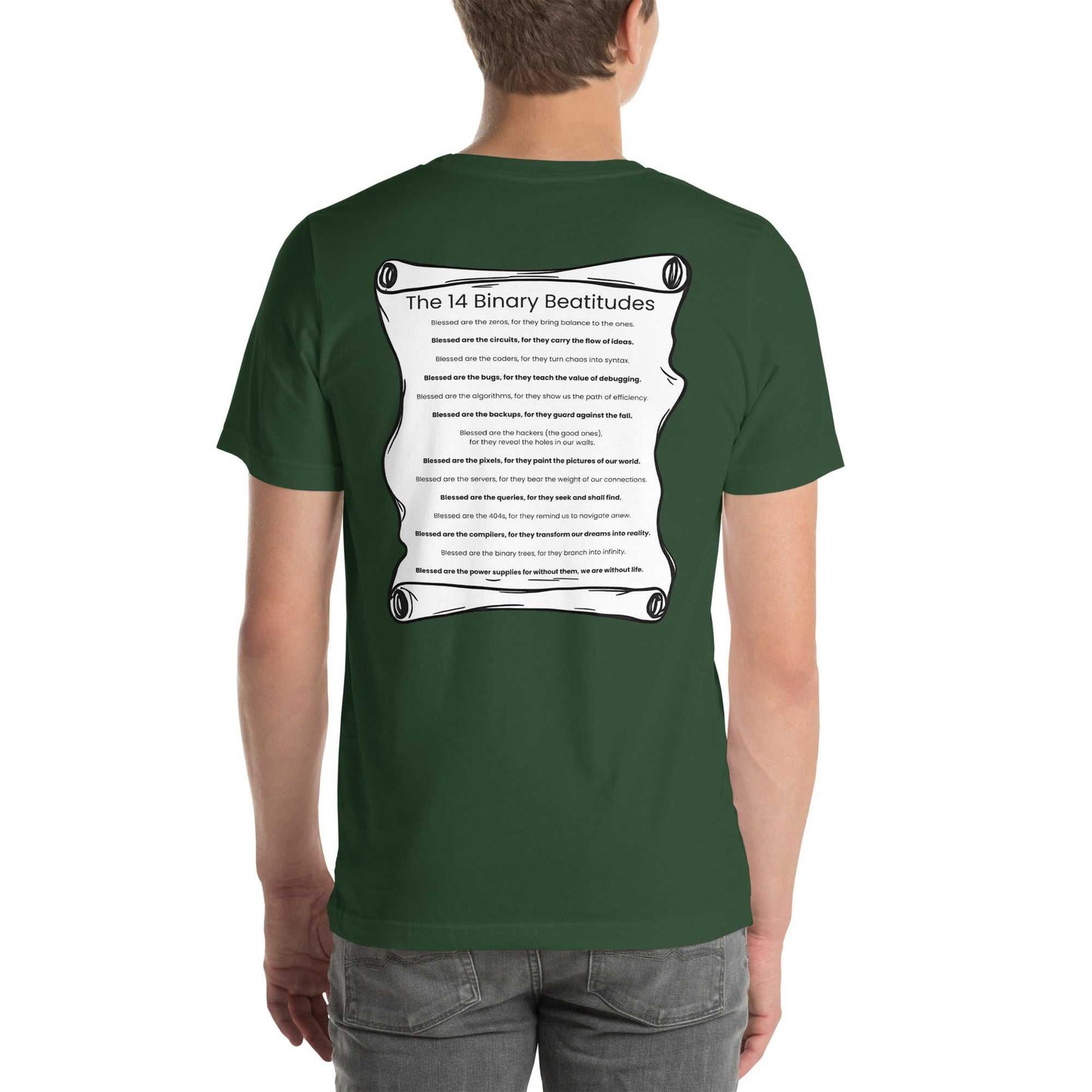 Binary Beatitudes AI T-Shirt featuring a scroll with 14 technological commandments