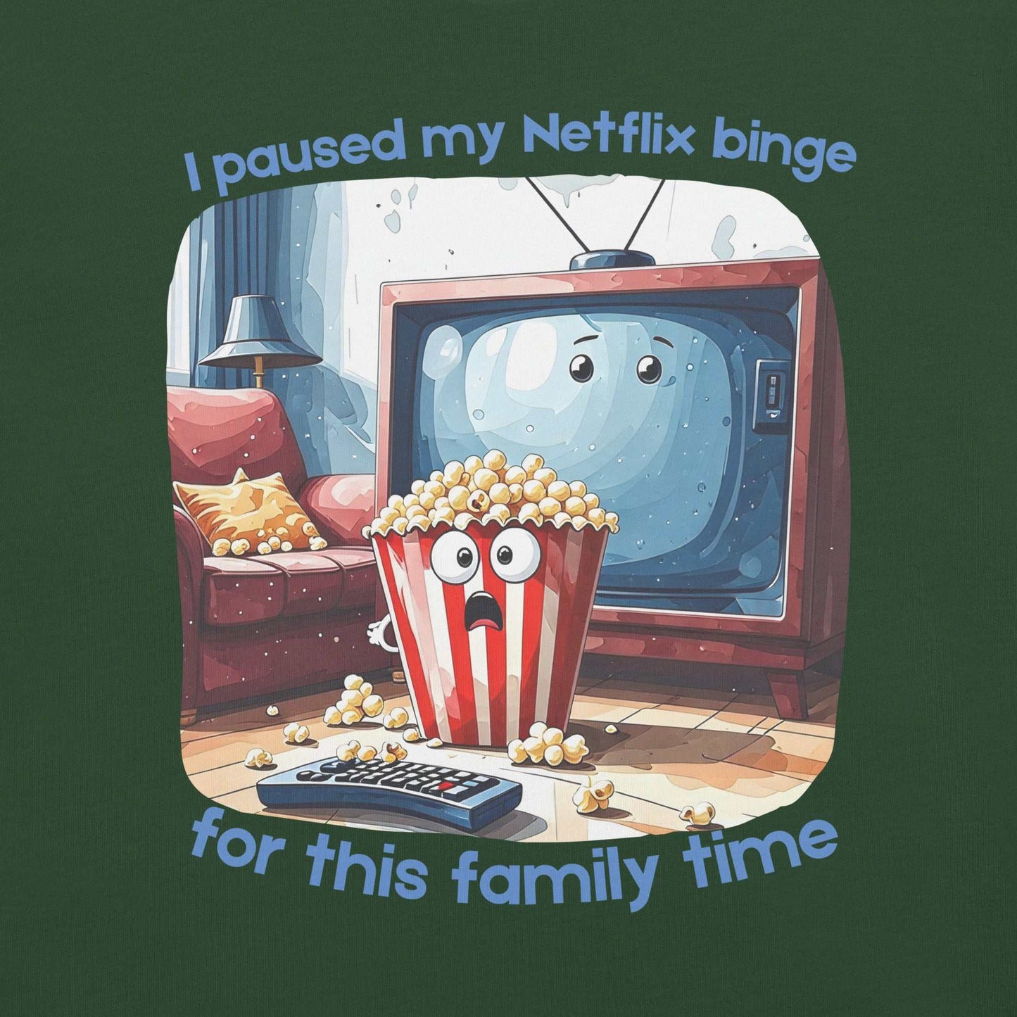 Netflix Binge T-Shirt featuring cartoon TV character and popcorn bucket couch