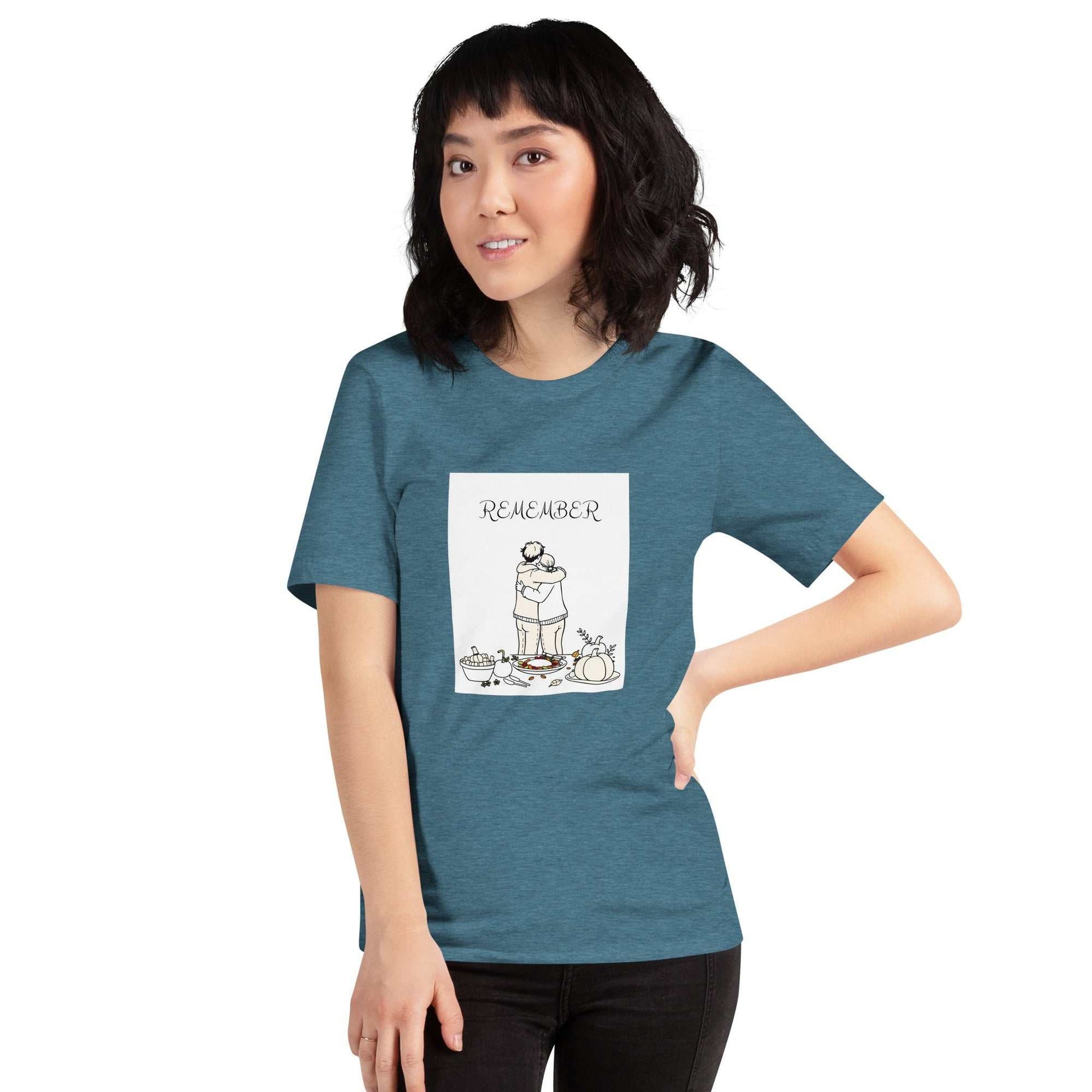 Unisex t-shirt with "Remember" print for Thanksgiving, featuring a playful illustration.