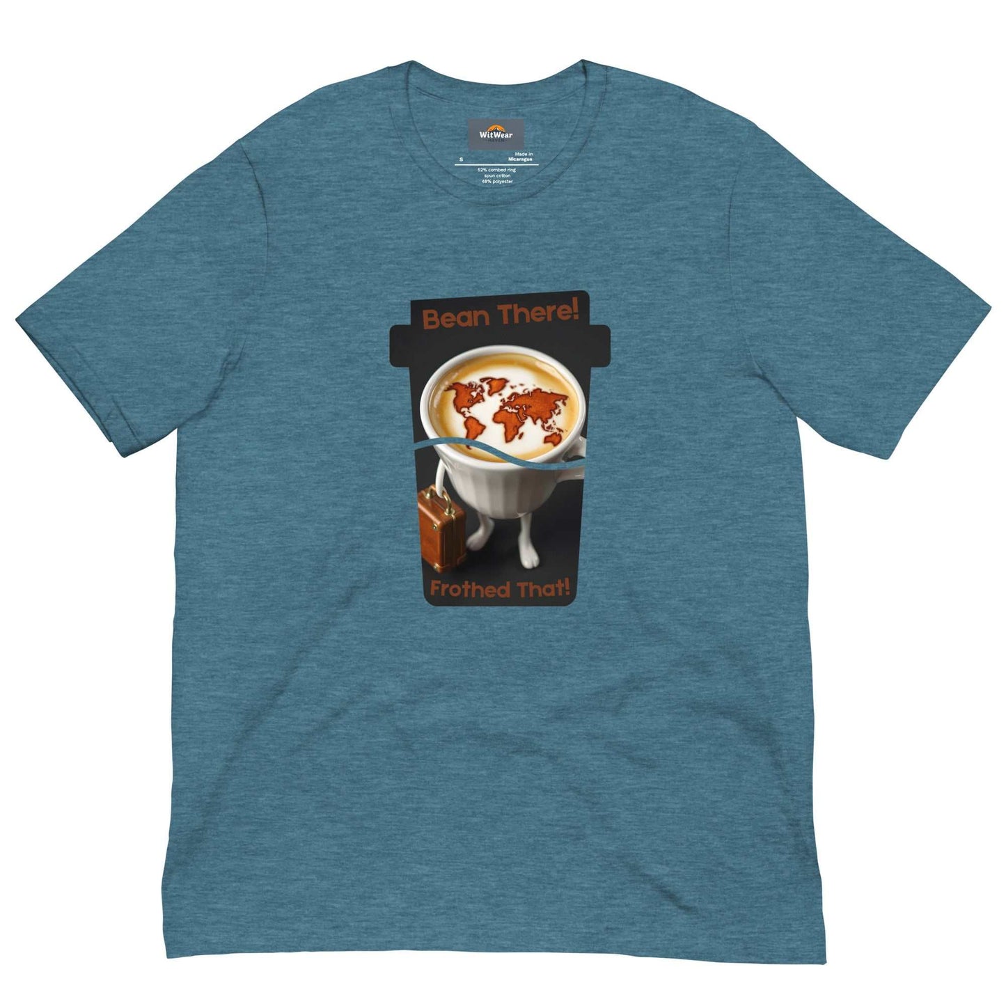 Cappuccino Traveler T-Shirt featuring 'Bean There, Frothed That' design with a cappuccino cup and world map foam art.