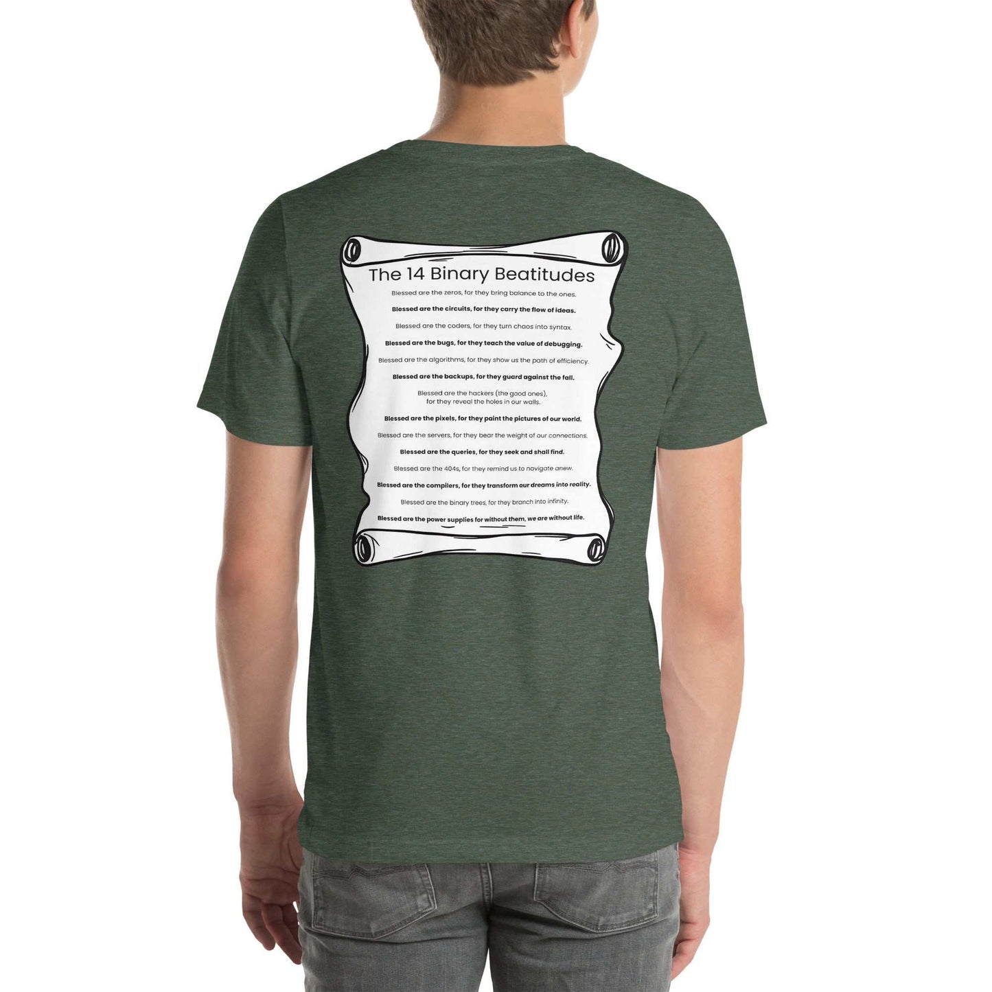 Binary Beatitudes AI T-Shirt featuring a scroll with 14 technological commandments