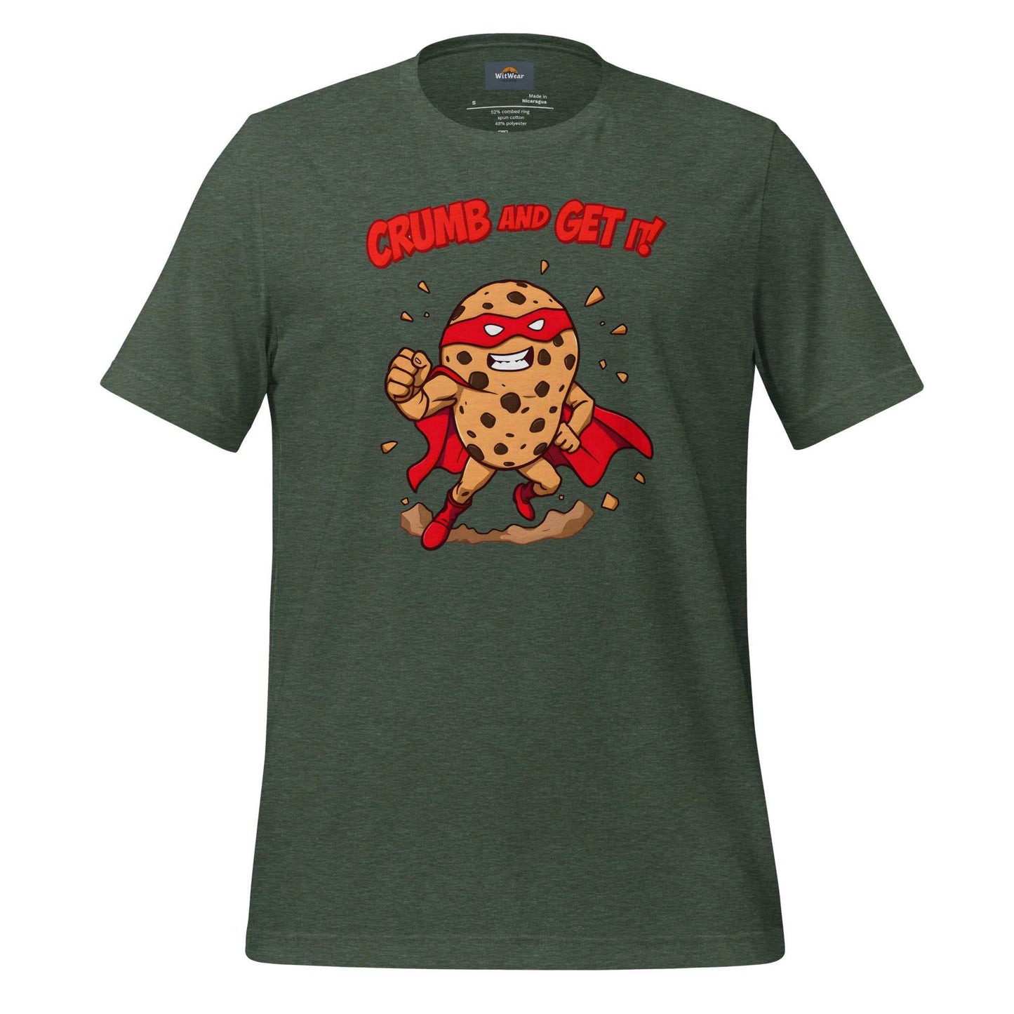 Superhero Cookie T-Shirt featuring a muscular cookie character with cape and heroic pose