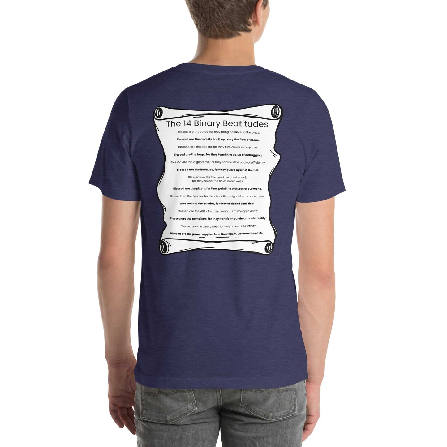 Binary Beatitudes AI T-Shirt featuring a scroll with 14 technological commandments