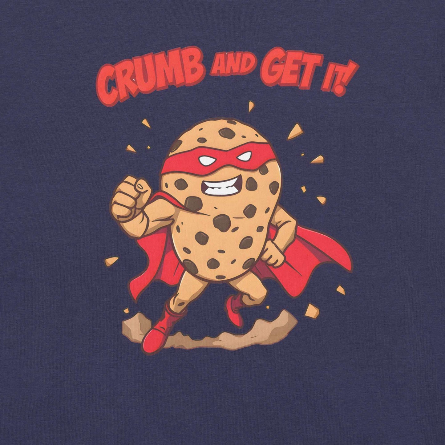 Superhero Cookie T-Shirt featuring a muscular cookie character with cape and heroic pose