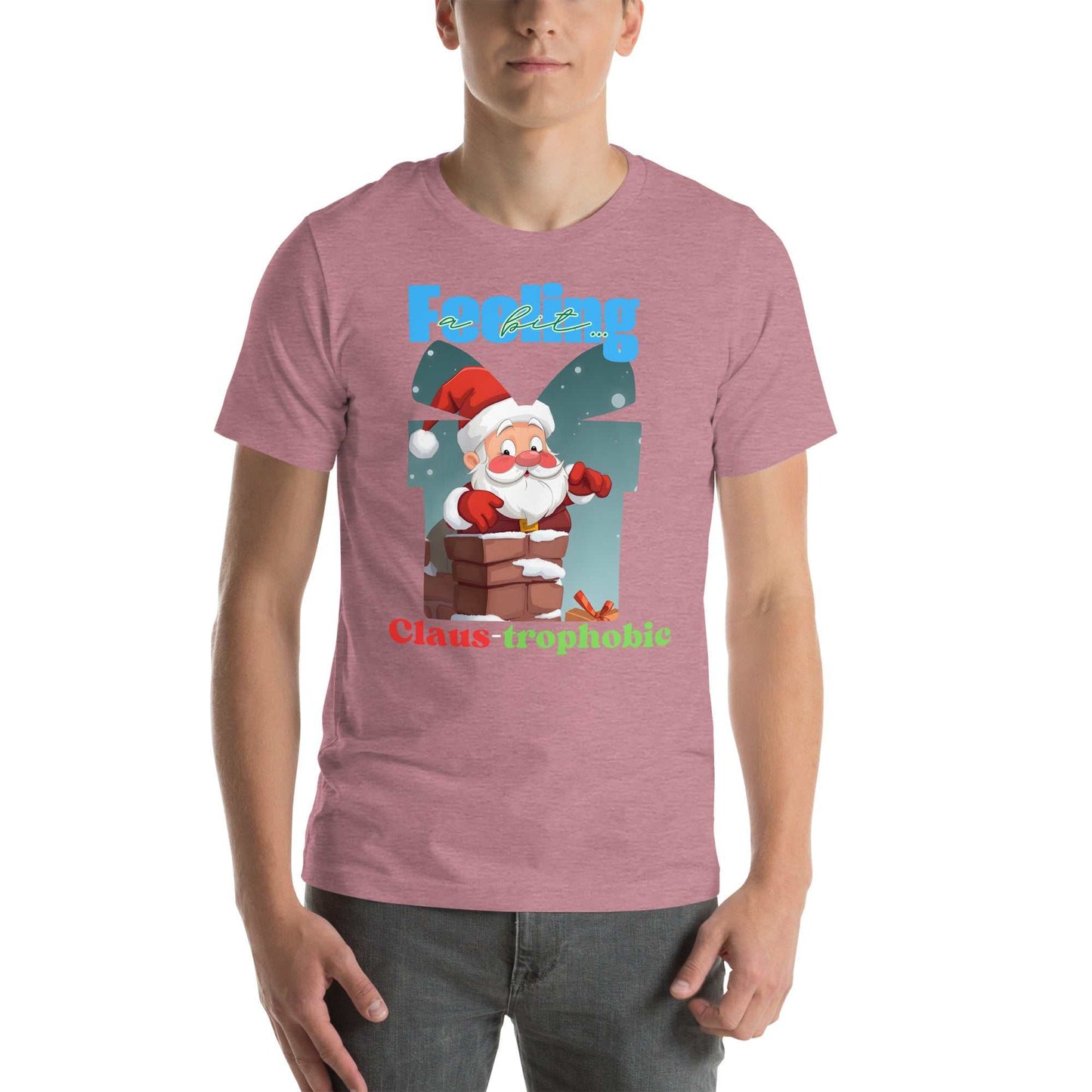 Santa Claus humorously stuck in a chimney on the Claus-trophobic TShirt