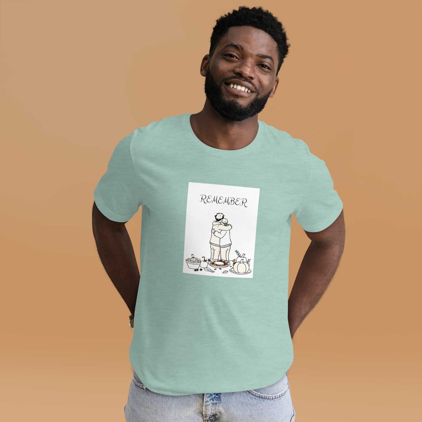 Unisex t-shirt featuring "Remember" Thanksgiving design with a humorous illustration.