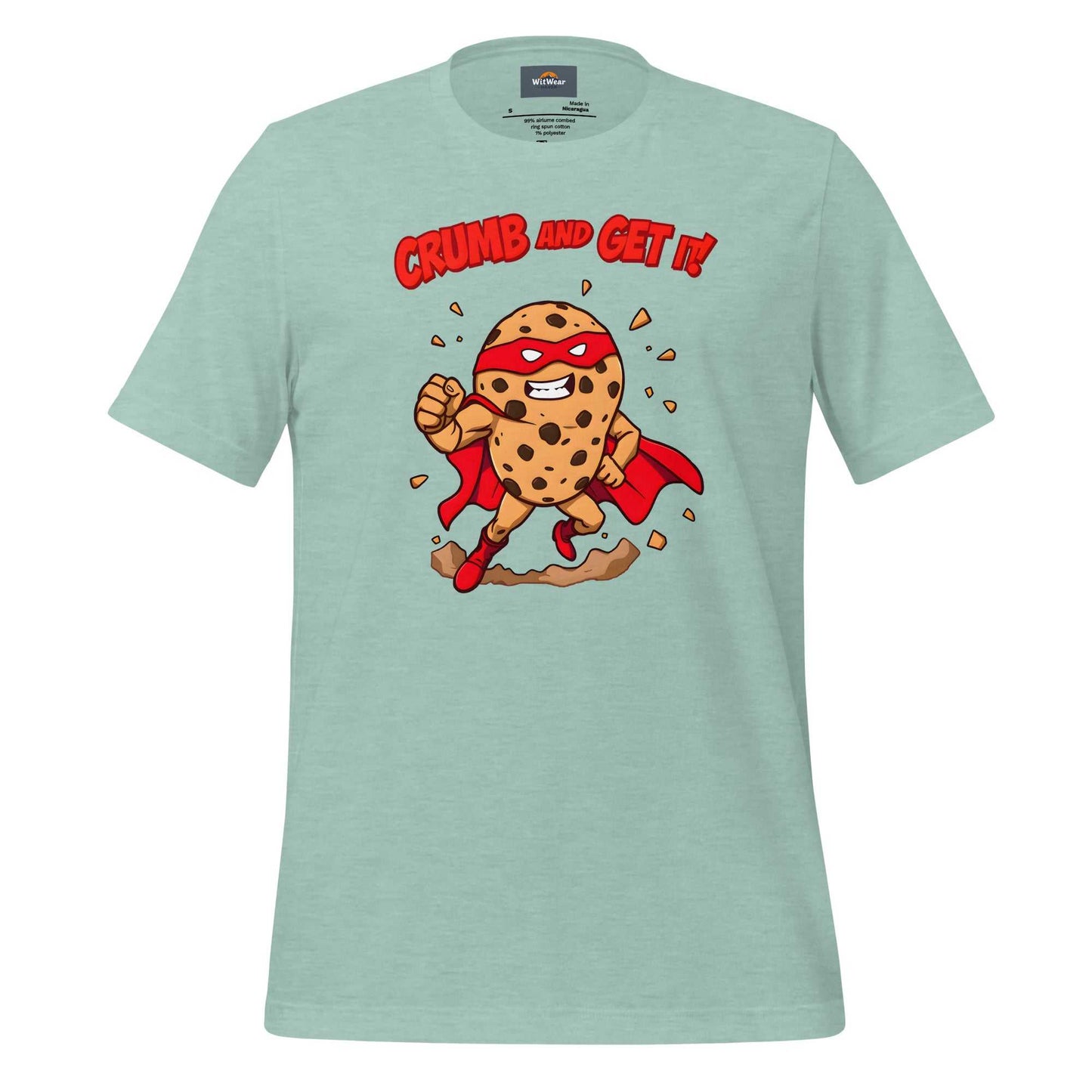 Superhero Cookie T-Shirt featuring a muscular cookie character with cape and heroic pose