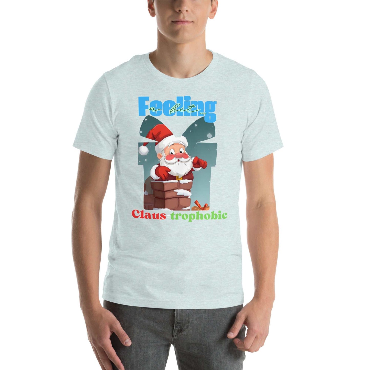 Santa Claus humorously stuck in a chimney on the Claus-trophobic TShirt