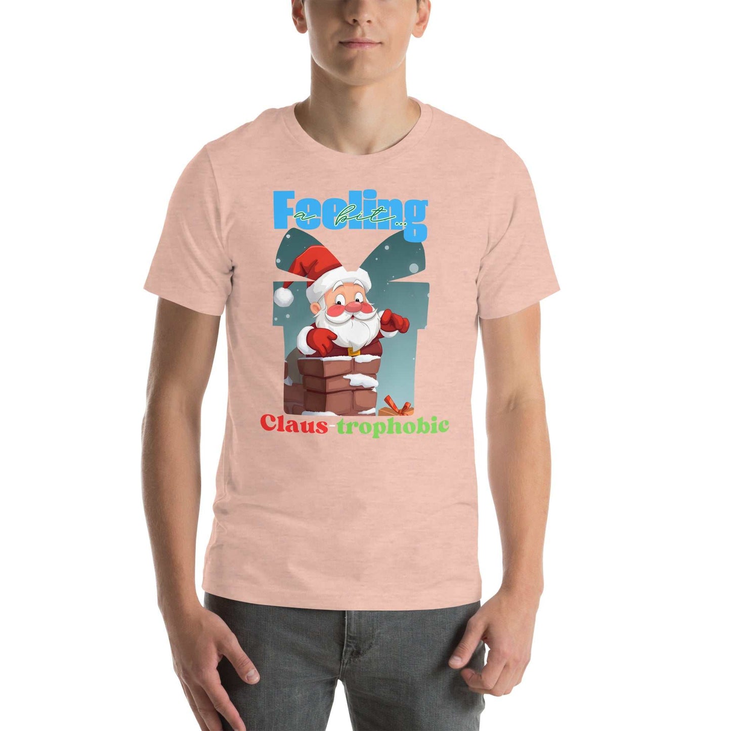 Santa Claus humorously stuck in a chimney on the Claus-trophobic TShirt