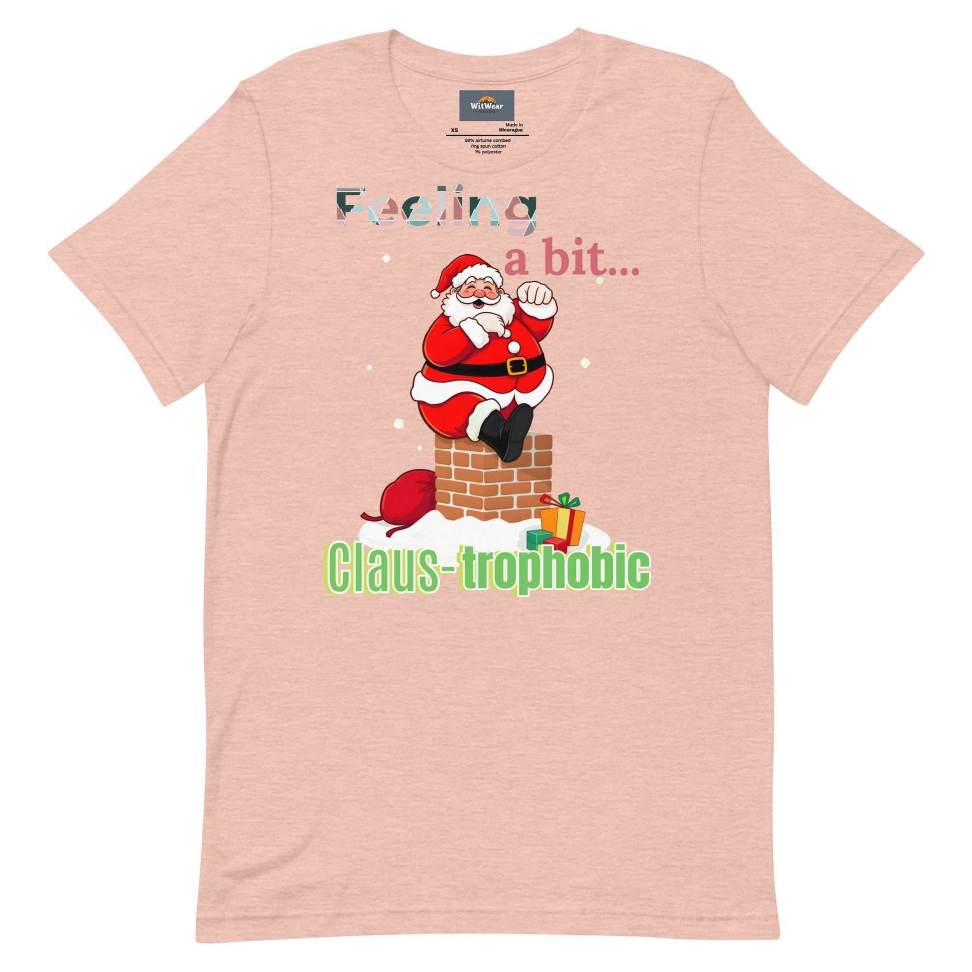 Funny Santa Shirt design featuring 'Clause-trophobic' Santa squeezing into a chimney